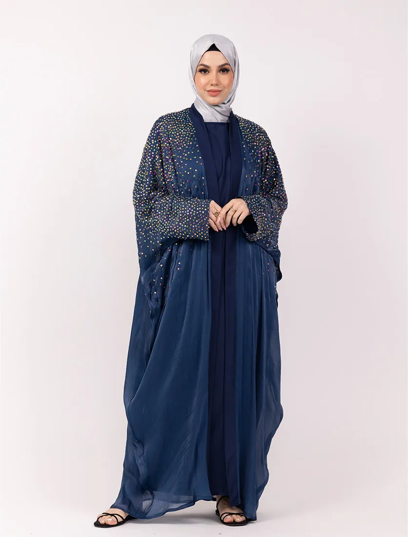 Navy Multi Crystal Embellished Sheer Overlay Abaya